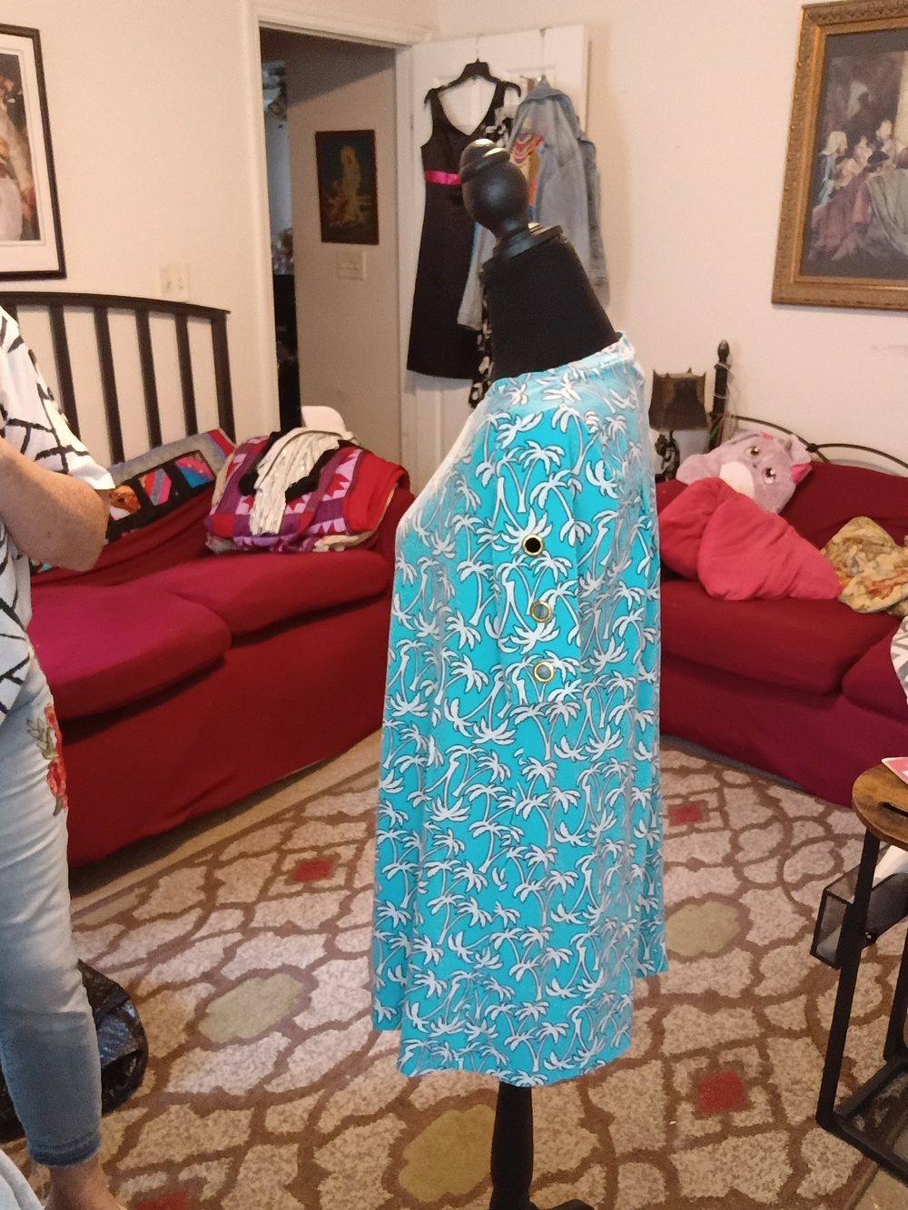 crown & ivy Turquoise Palm-Print Short Sleeve Dress Rivets Sleeves Extra Small - Picture 6 of 7